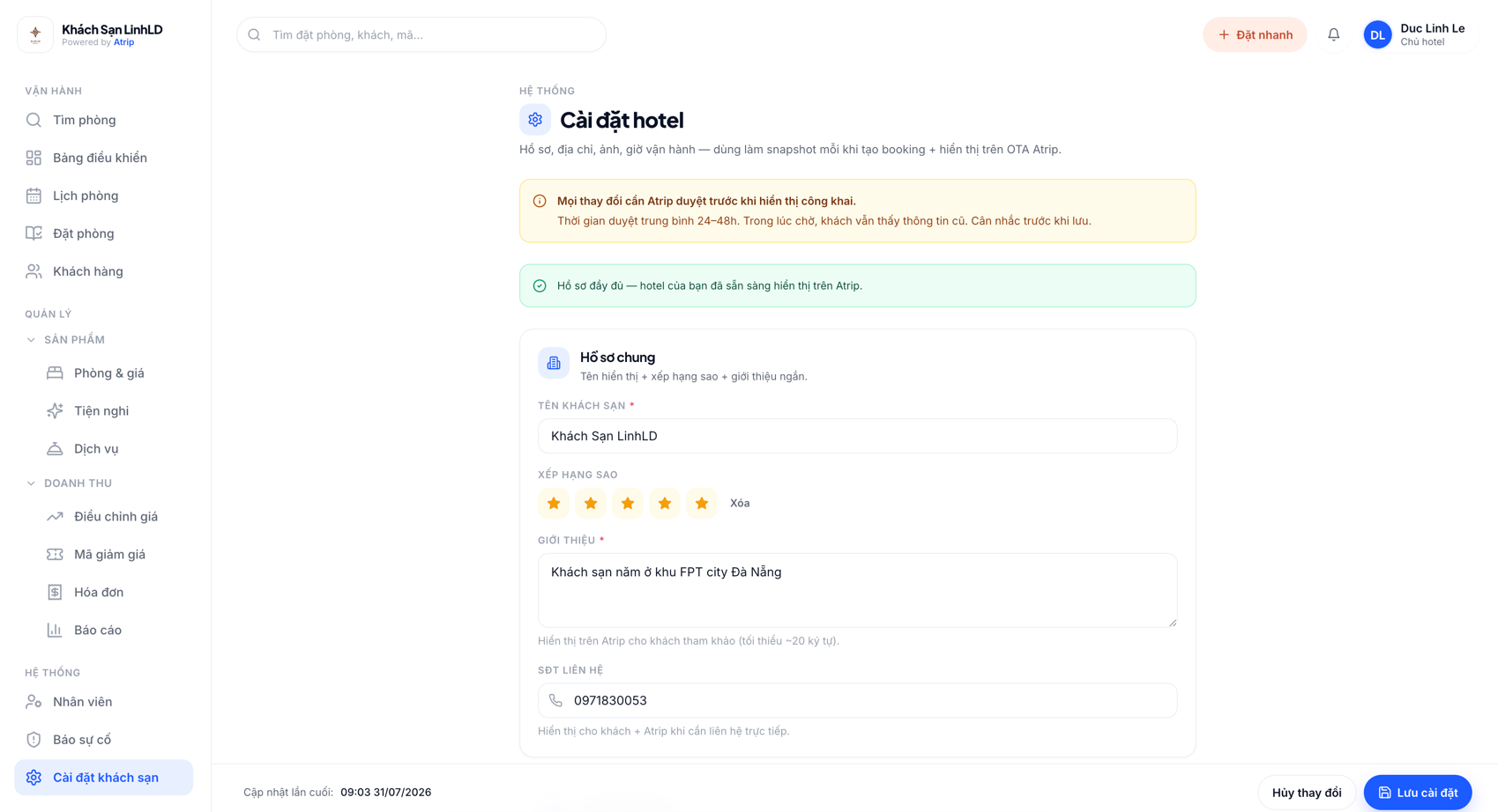 Atrip Booking — Hotel profile & settings