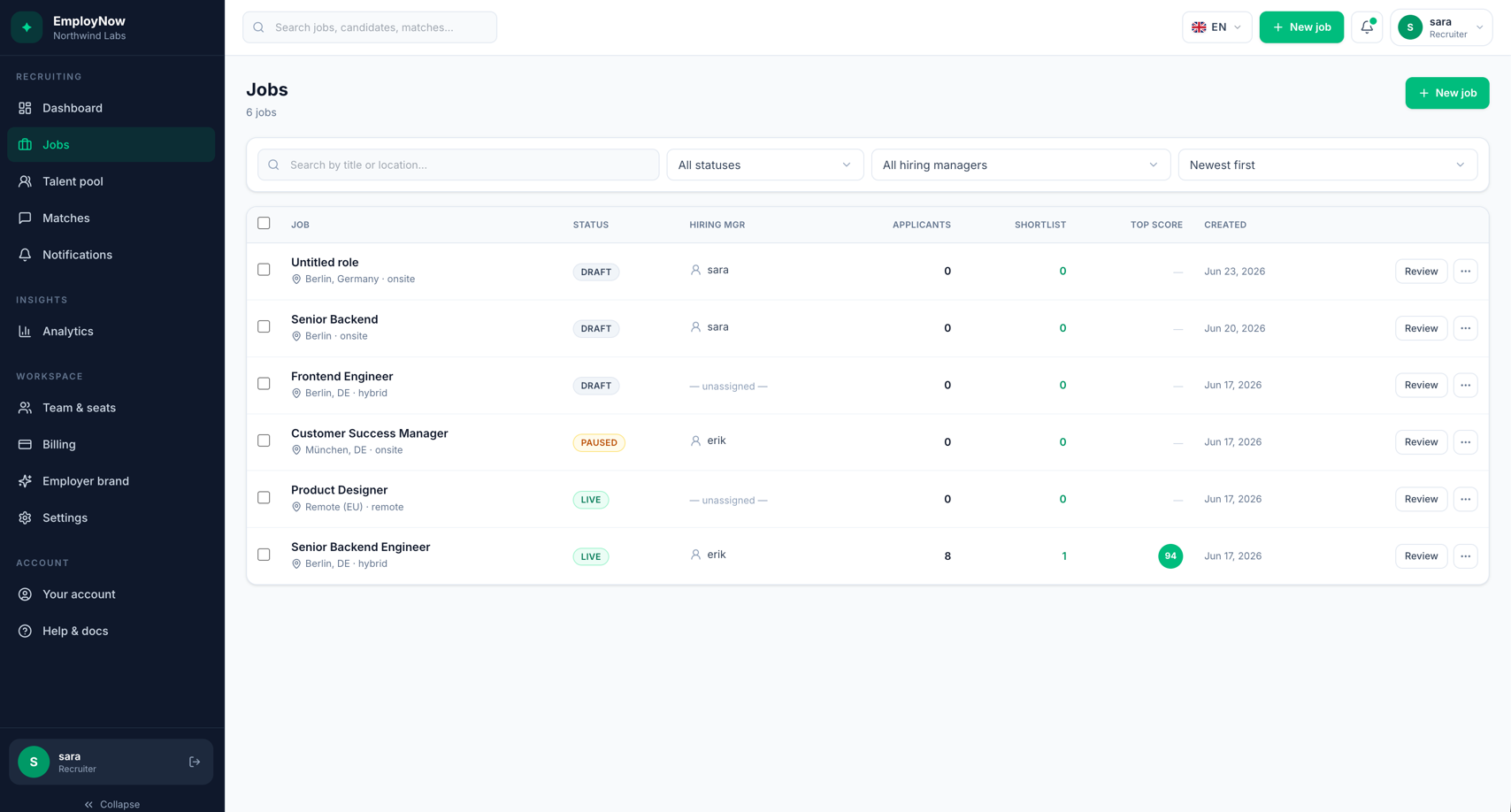 EmployNow — Recruiter — jobs & pipeline