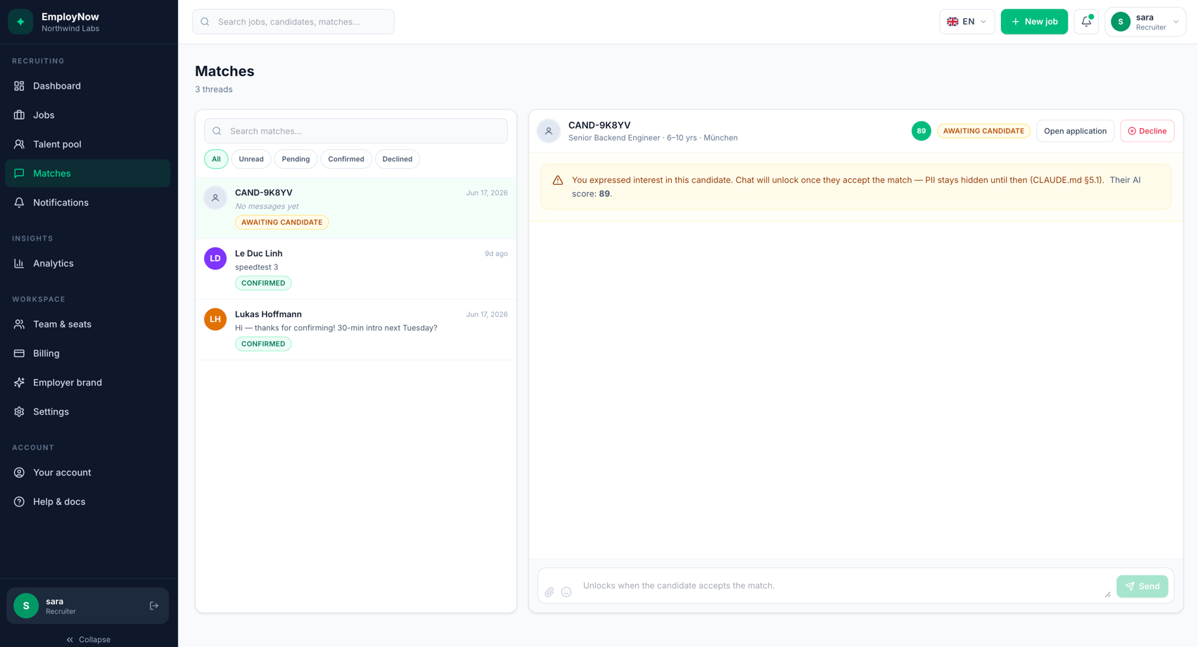 EmployNow — Matches & bias-blind chat