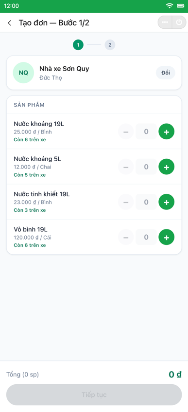 Long Thanh Distribution App — New order · step 1 — products & stock
