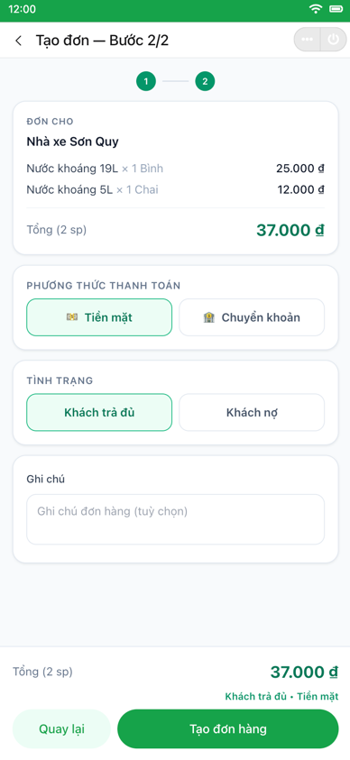 Long Thanh Distribution App — New order · step 2 — payment