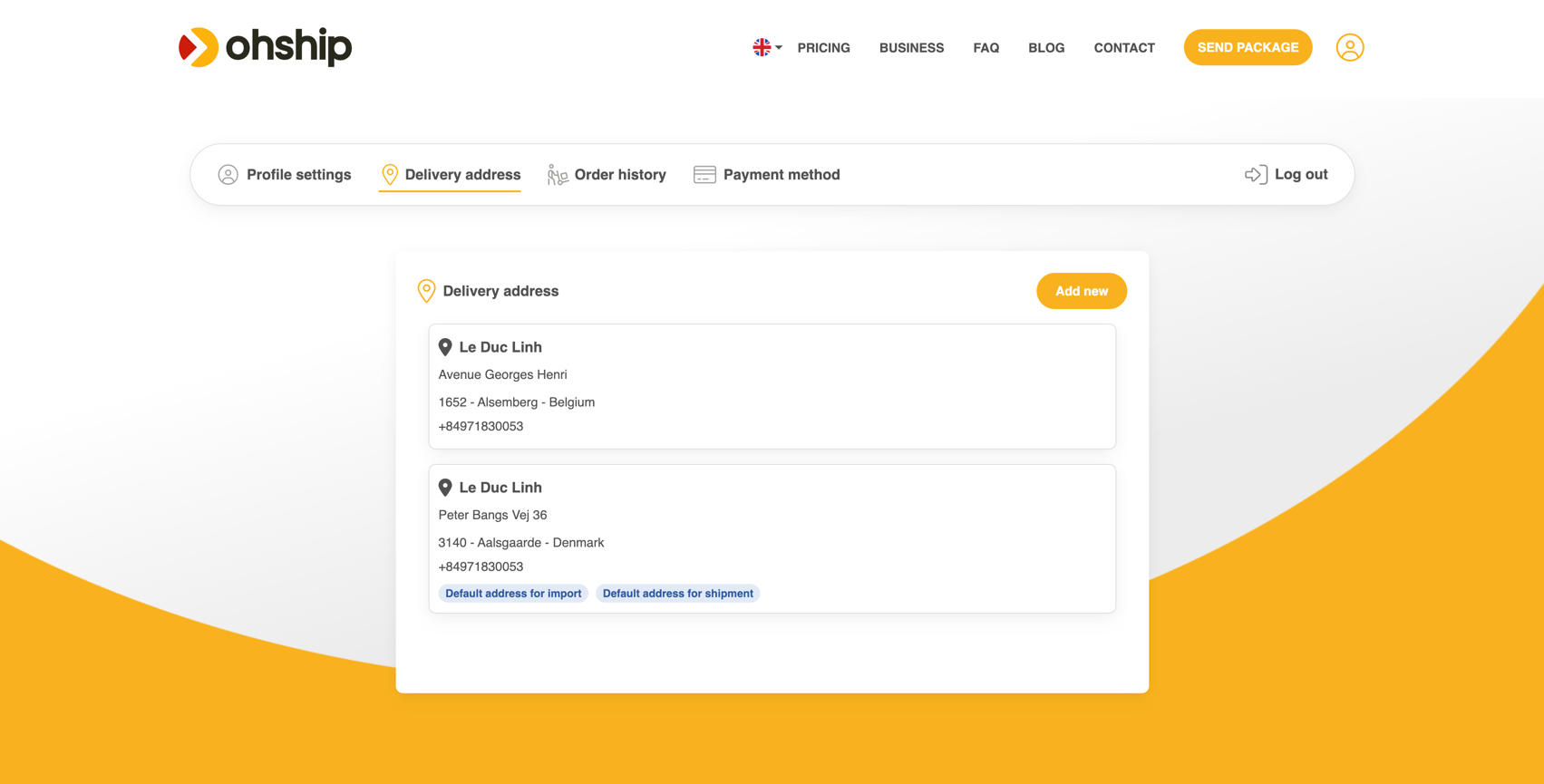 OhShip — Saved delivery addresses